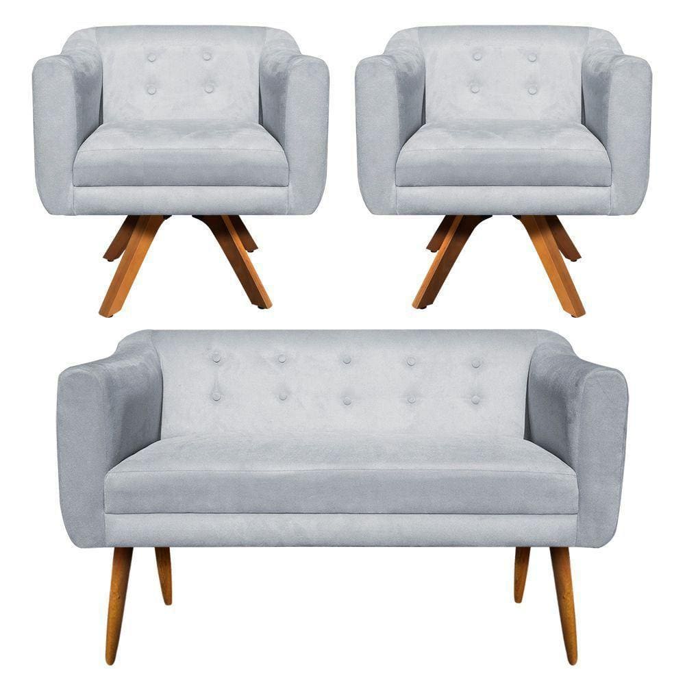 Kit 01 Namoradeira E 02 Poltronas Giratória Julia Base Madeira