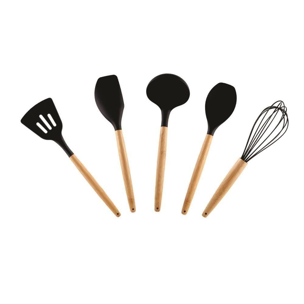 Kit Utensílios 5 Peças Bambu com Silicone Preto