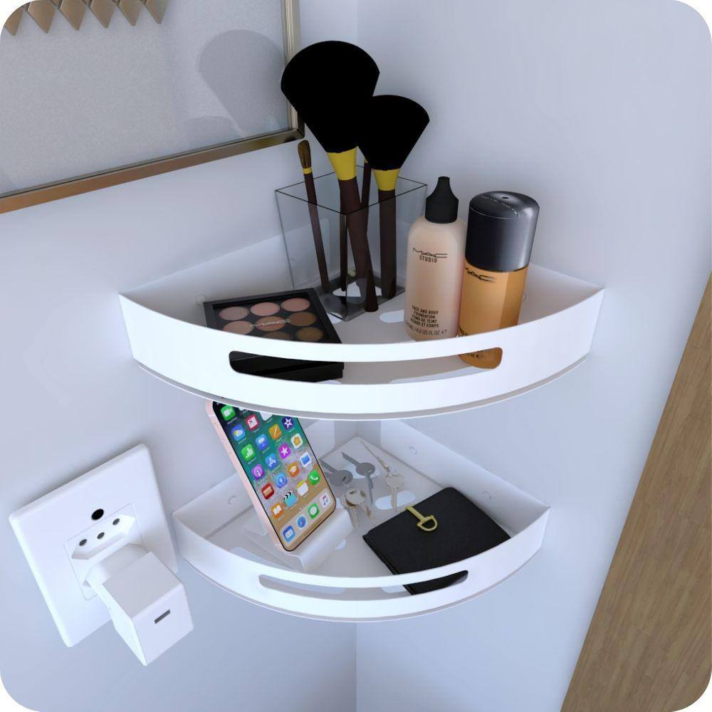 Kit 2 Prateleiras de Canto Para Quarto Inox Branca Multiuso