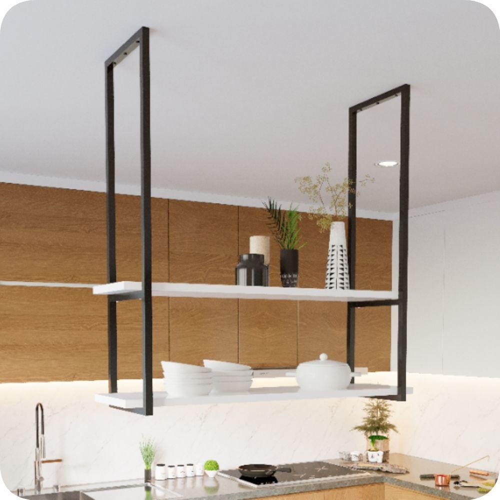 Nicho Preto Prateleira Suspensa Teto Cozinha Branca 100cm