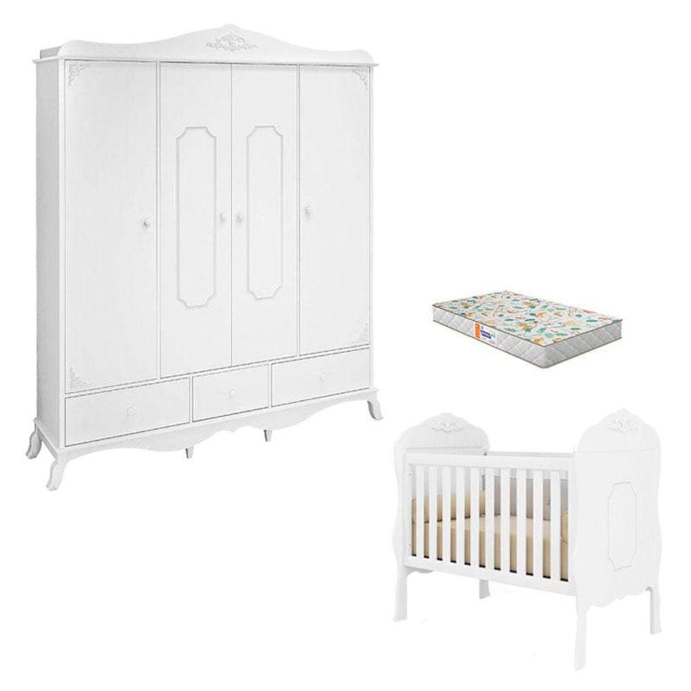 Berço Americano e Guarda Roupa Realeza Branco Acetinado com Colchão Gazin - Canaã