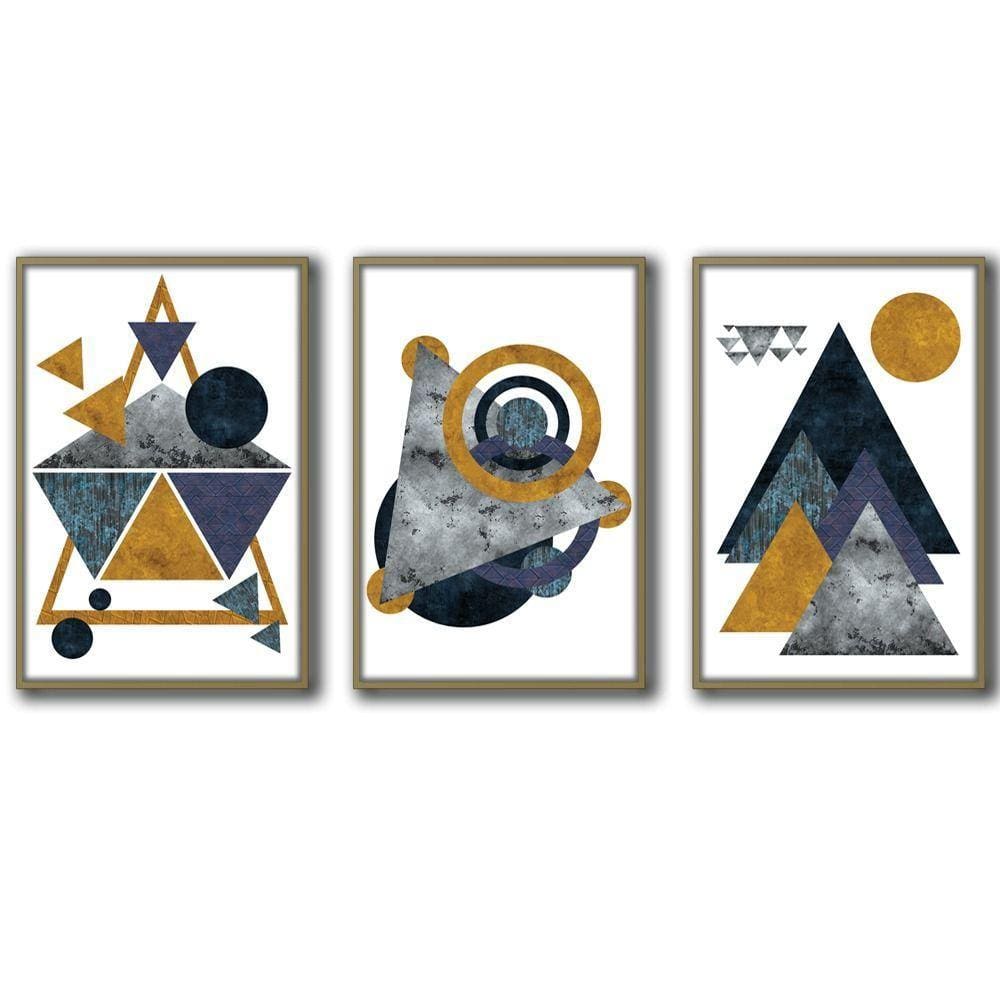 3 Quadros Decorativos Geométricos Moldura Caqui