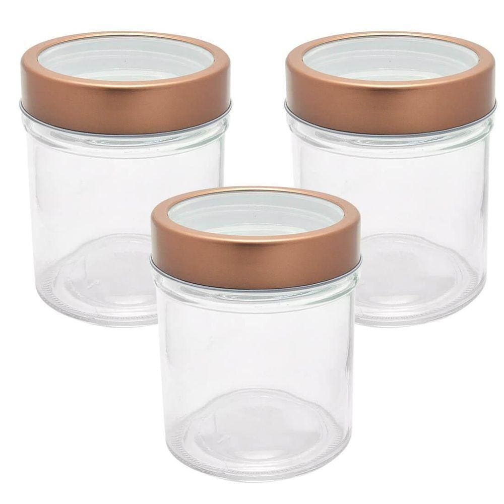 3 Potes De Vidro Redondo Com Tampa Transparente Cobre 350Ml