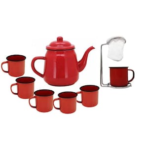 Kit Bule Esmaltado Vermelho 6 Canecas e Mini Coador Café Aço Cromado - Mundial Import