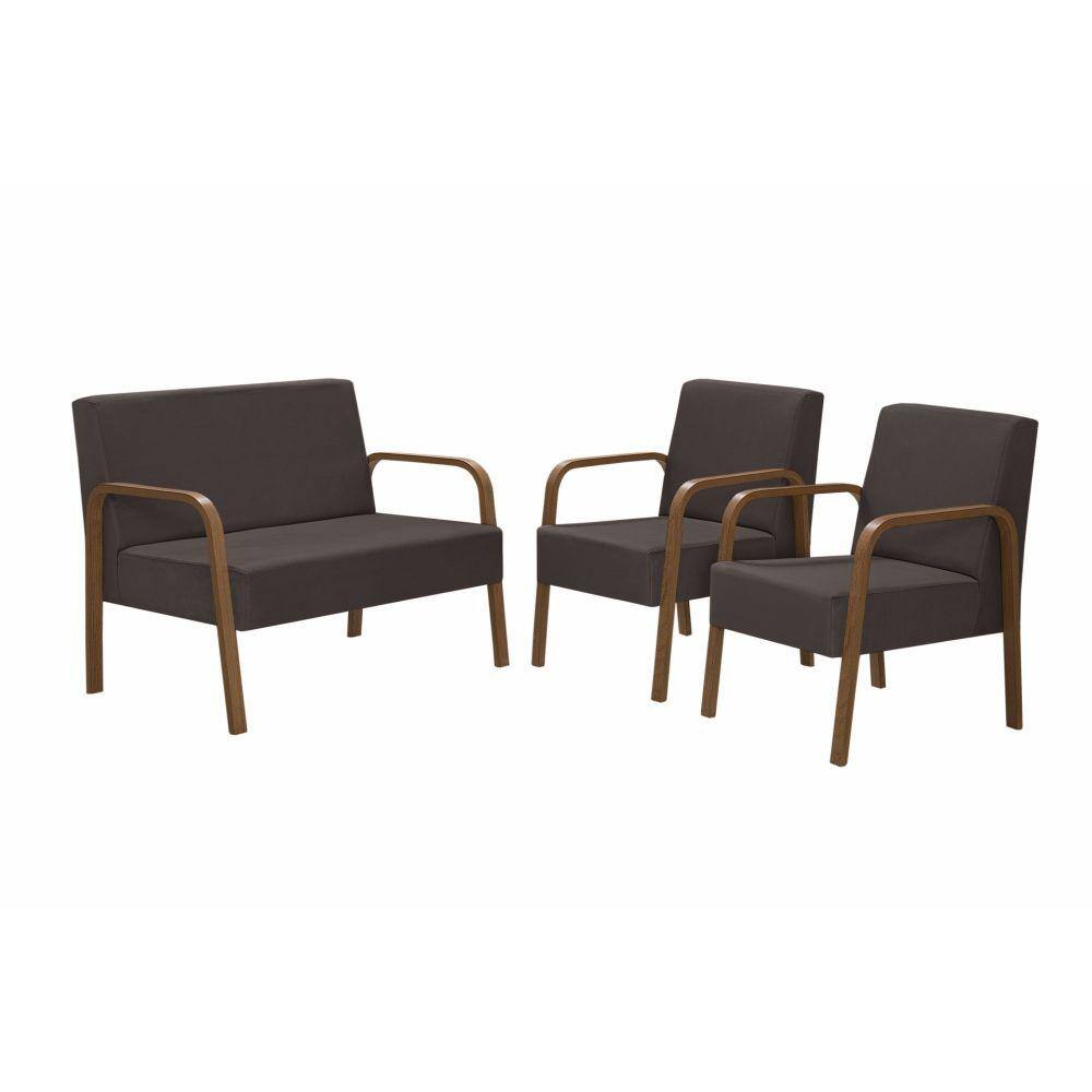 Conjunto Poltrona Luna Braço Madeira D Salla Suede Marrom