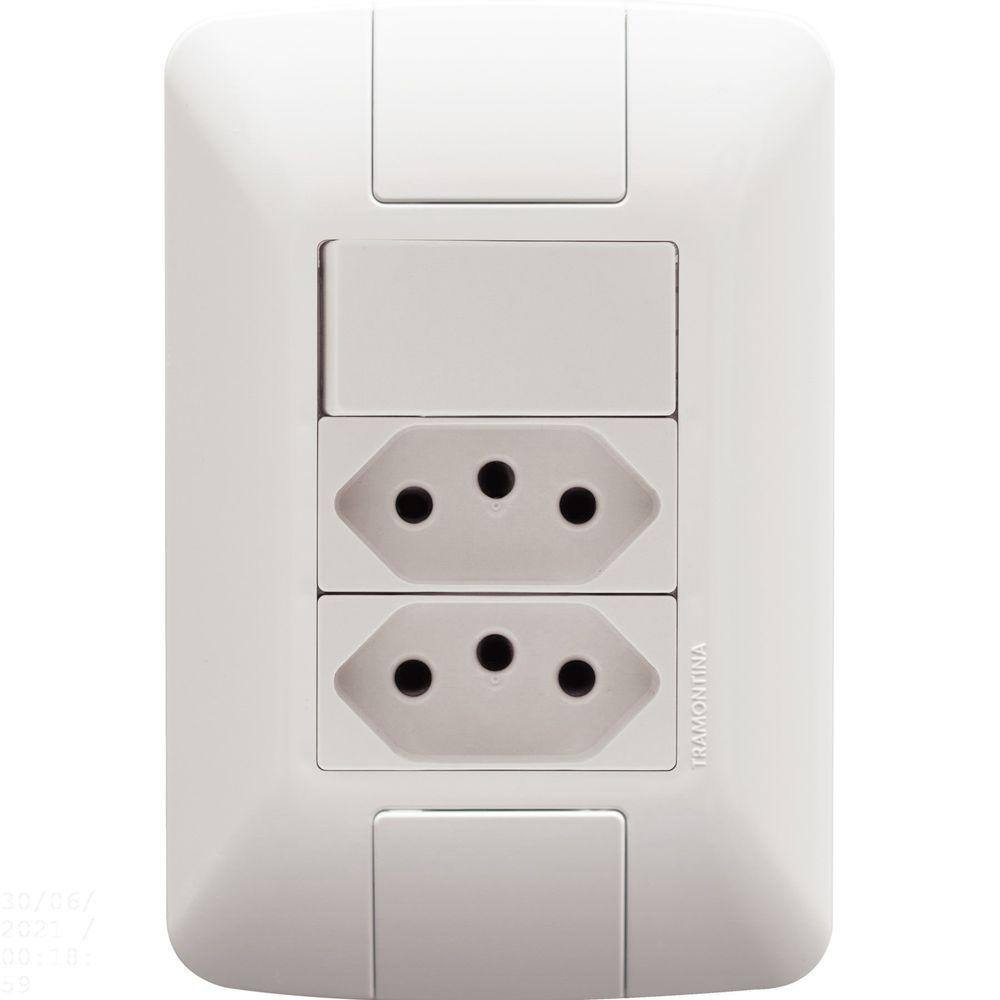 Conjunto 4x2 com 1 Interruptor Simples 6 A 250 V e 2 Tomadas 2P+T 20 A 250 V Tramontina Aria Branco Tramontina