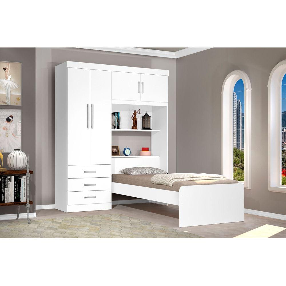 Guarda Roupa Roupeiro Solteiro 4 Portas com Cama Cancun Branco / Branco Lilas