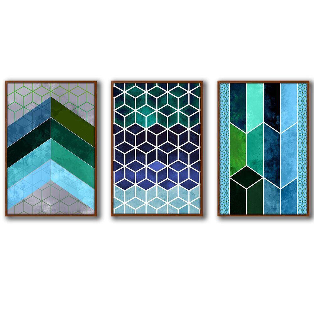 3 Quadros Decorativos Cor Azul Moldura Ocre