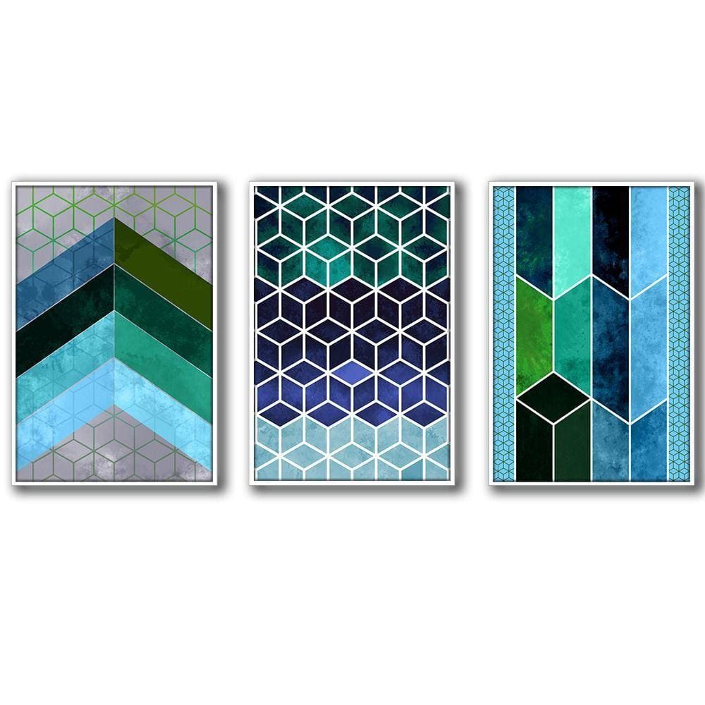 3 Quadros Decorativos Cor Azul Moldura Branca