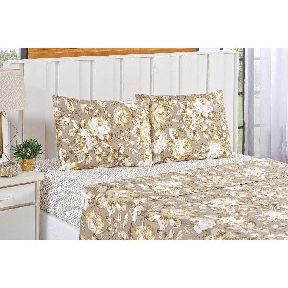 Jogo De Lençol Cama King 4 Peças Bouti Floral Cáqui