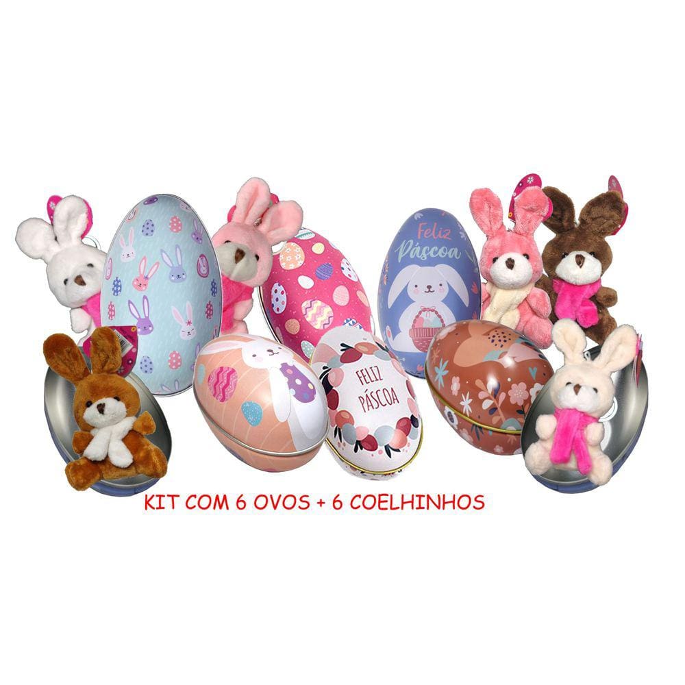 KIT 6 Coelhos da Pascoa 6 Ovos de Metal Colecionavel Pelucia