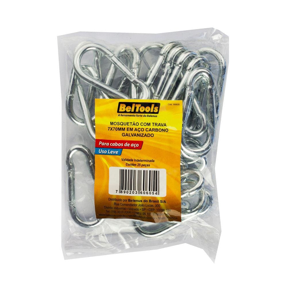 25 Mosquetão Trava Mola 7x70mm Aço Galvanizado 110kgf