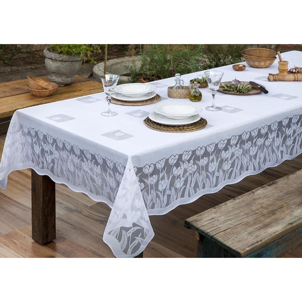 Toalha De Mesa De Renda 4 Cadeiras Branca Desenho De Tulipa