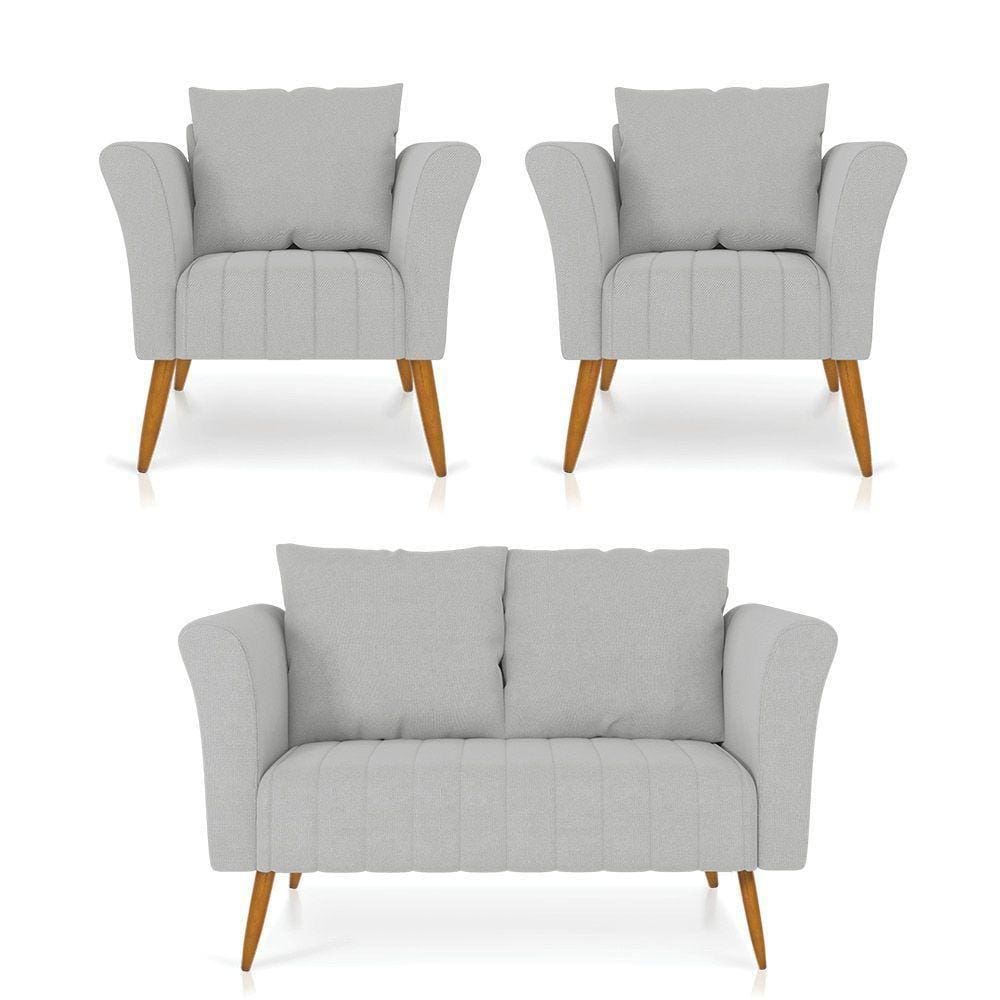 Kit 01 Namoradeira 02 Lugares E 02 Poltronas Marilia Linho Pés Palito Castanho - D`rossi Cor A05 Cinza Claro