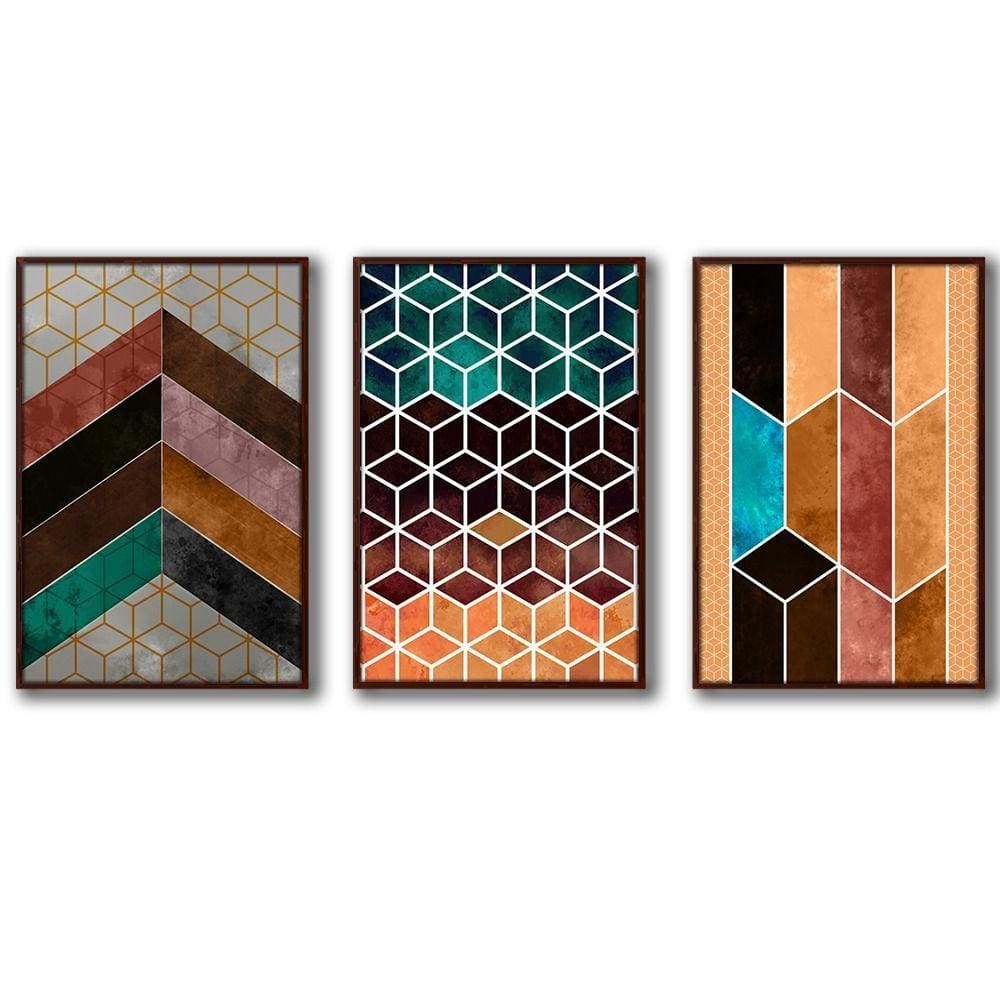3 Quadros Decorativos Textura Cor Marrom Moldura Madeira