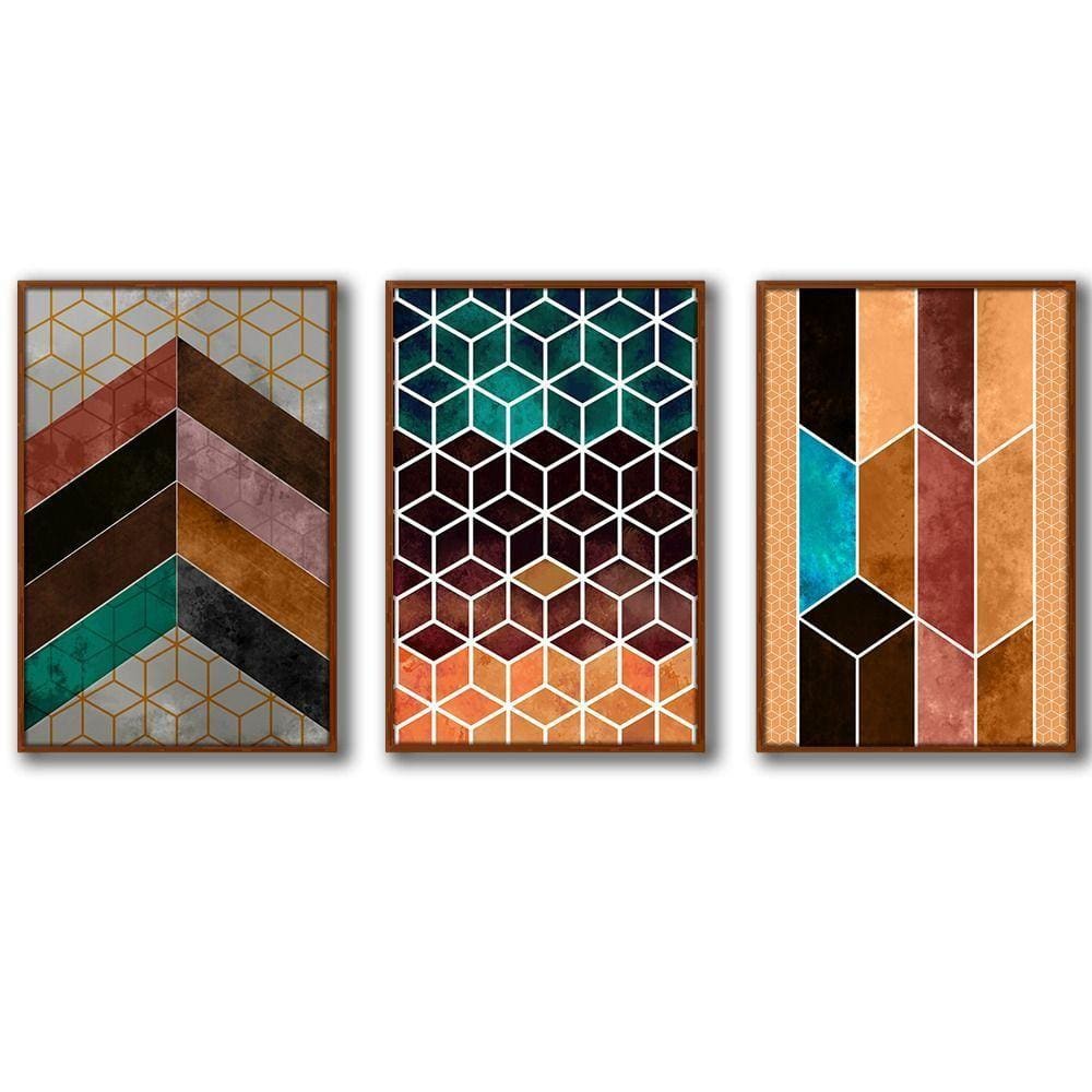 3 Quadros Decorativos Cor Marrom Moldura Ocre
