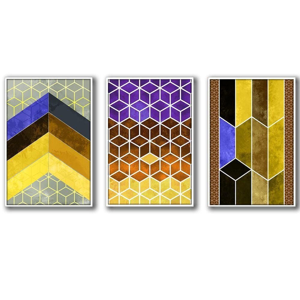 3 Quadros Decorativos Textura Cor Amarelo Moldura Branca
