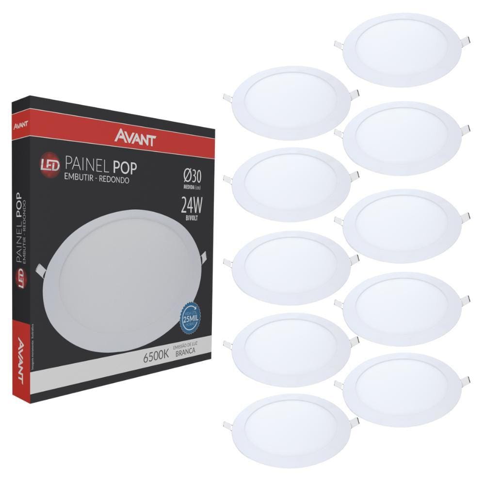 Kit 10 Painel Plafon Led De Embutir Redondo 30cm 24w 6500k Bivolt Emissão De Luz Branca Avant
