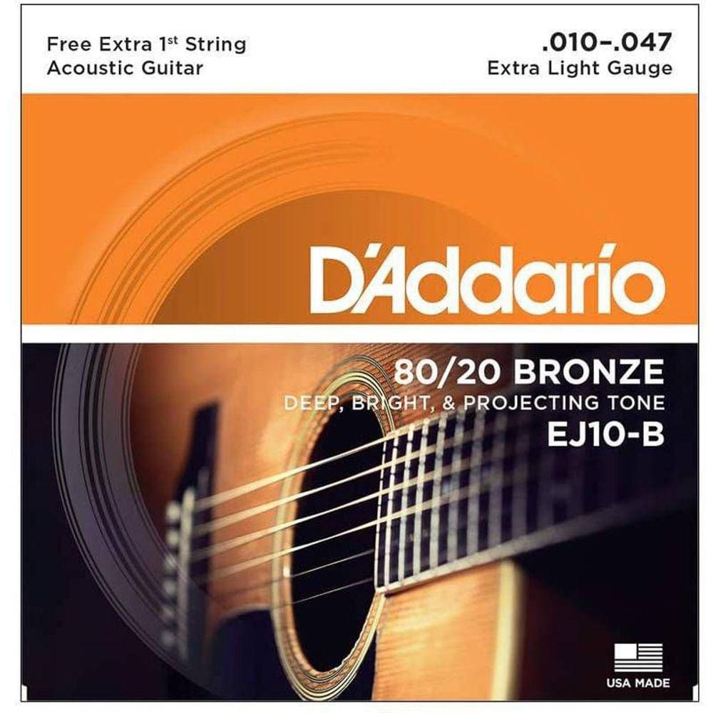 Encordoamento D`Addario EJ10-B 80/20 Violão Aço 10-47, Corda Extra