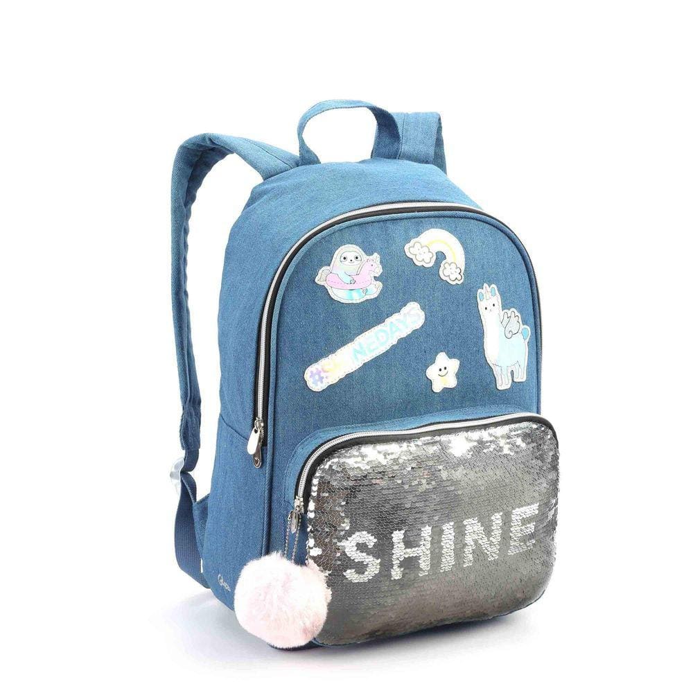 Mochila Juvenil Jeans Com Lantejoulas