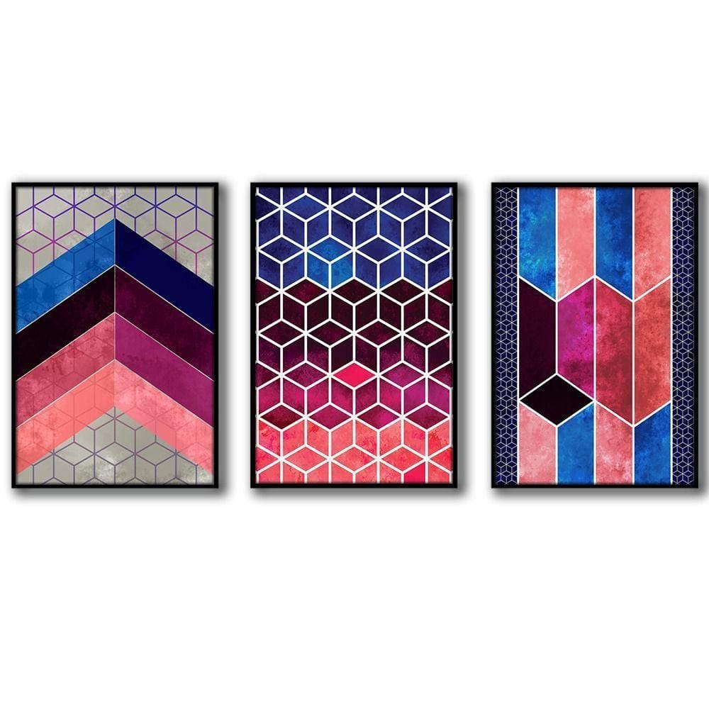 3 Quadros Decorativos Cor Rosa Moldura Preta