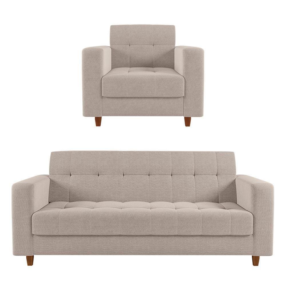 Kit Sofá 03 Lugares 01 Poltrona Arezzo Linho Pés Chanfrado