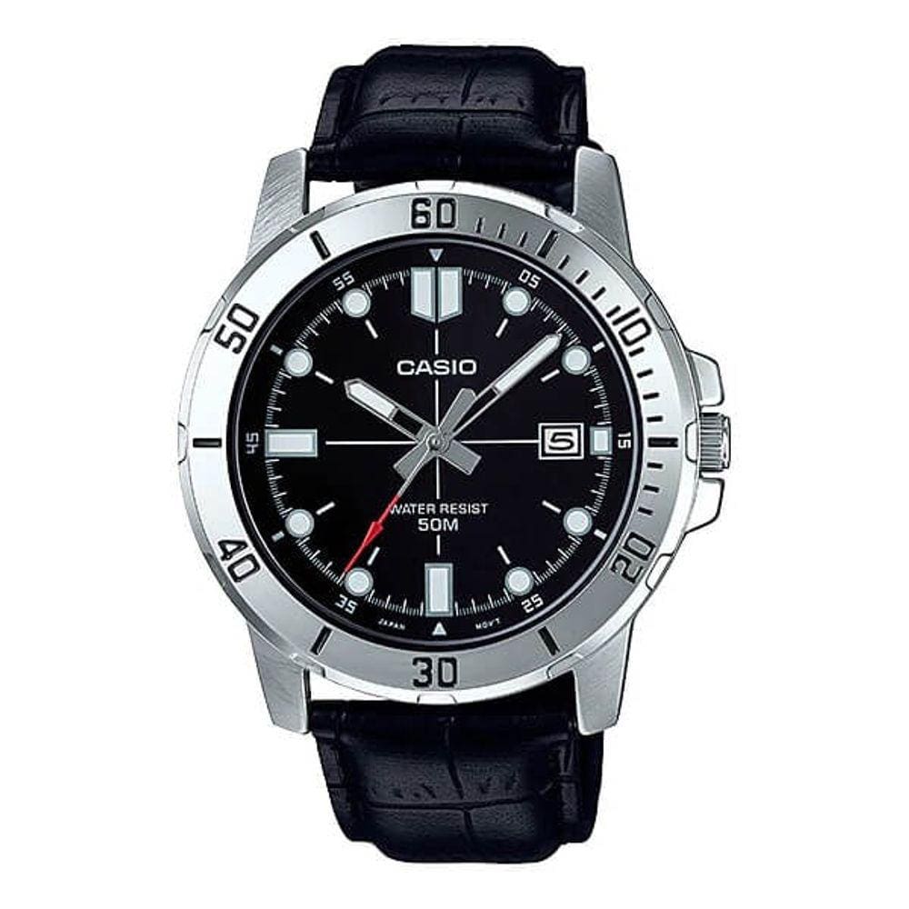 Relógio Masculino Casio Prata Fundo Preto Pulseira De Couro
