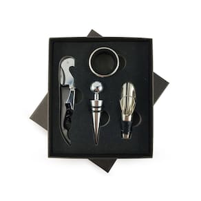 Kit Acessórios De Vinho Estojo 4 Peças Dosador Saca Rolha Tampa Anel Garrafa Profissional Linha Luxo