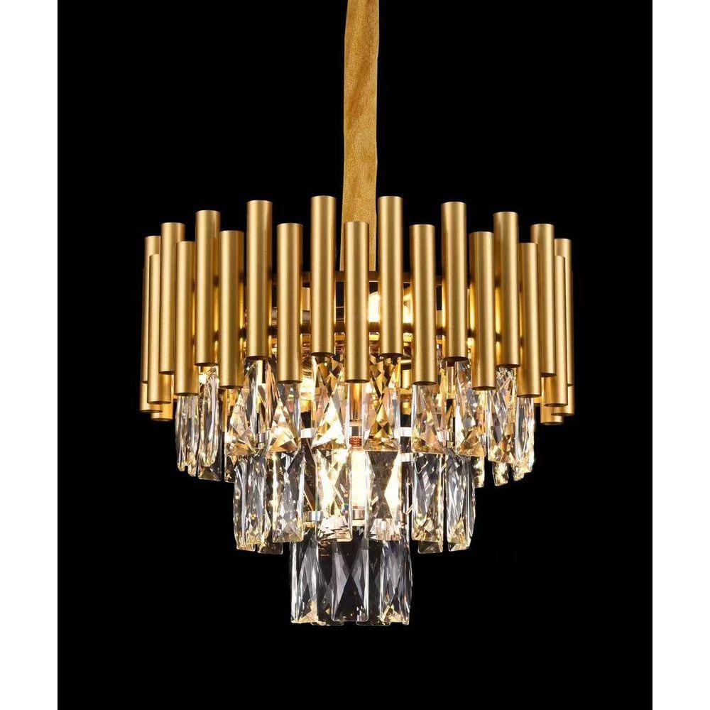 Lustre Pendente Redondo Metal Dourado e Cristais 5E14 38cm