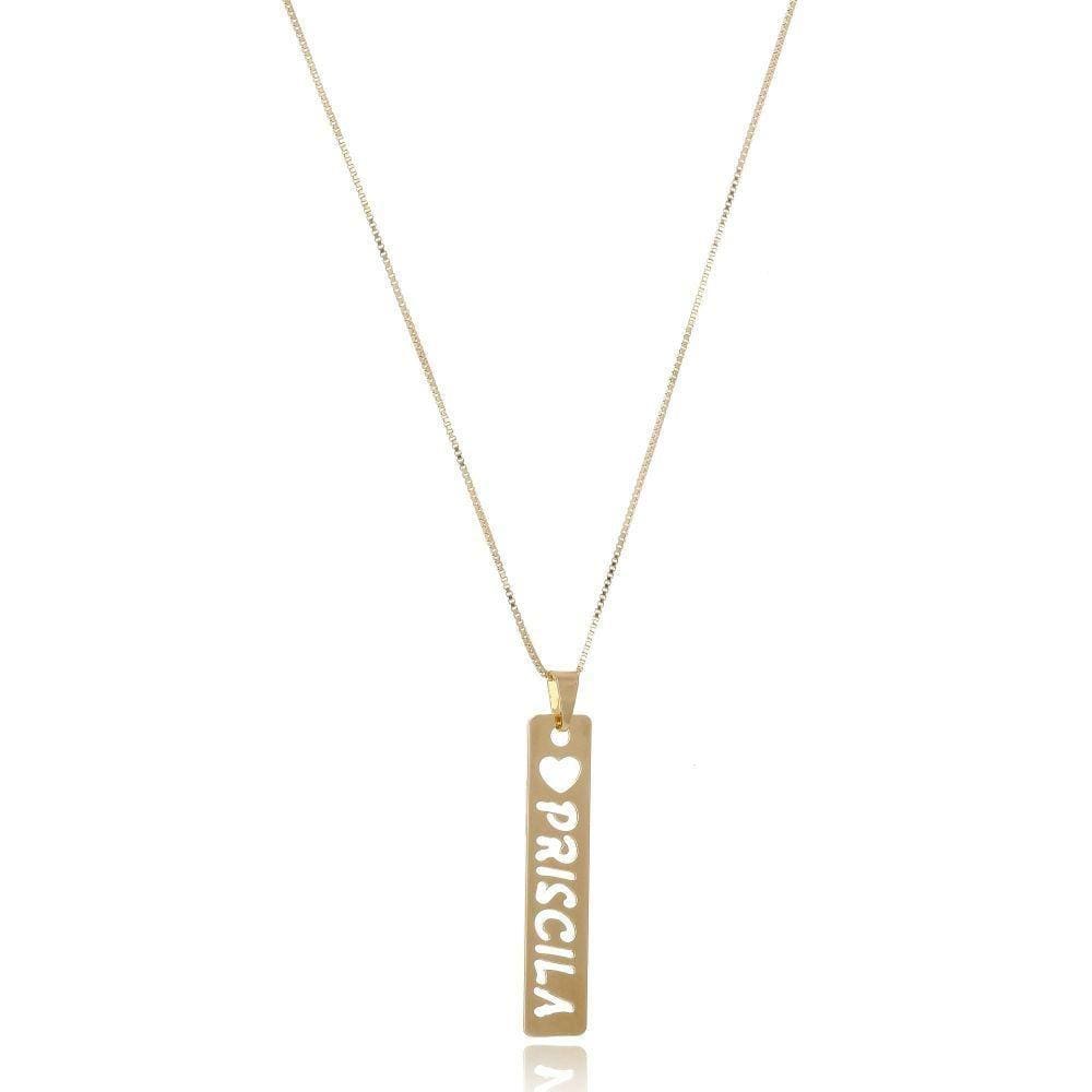 Colar Retangular Com Coração E Nome Vazado Folheado Em Ouro 18k