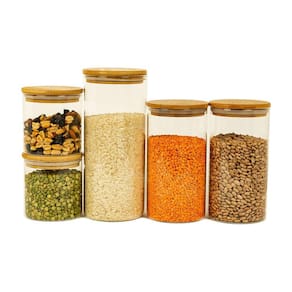 Kit 5 Potes De Vidro Com Tampa Bambu 1650/1100/500Ml