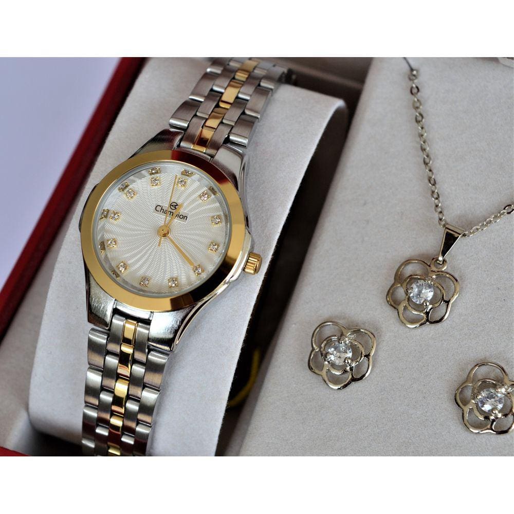 Relogio Champion Feminino Pequeno Misto Cn25458b + Kit Semi Joia