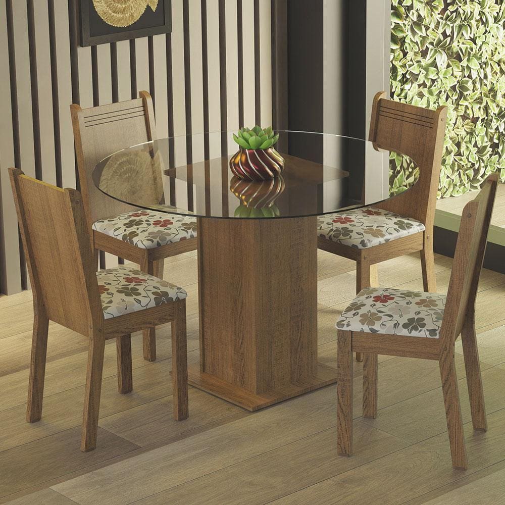 Conjunto Sala de Jantar Madesa Débora Mesa Tampo de Vidro Redondo 4 Cadeiras - Rustic/Hibiscos