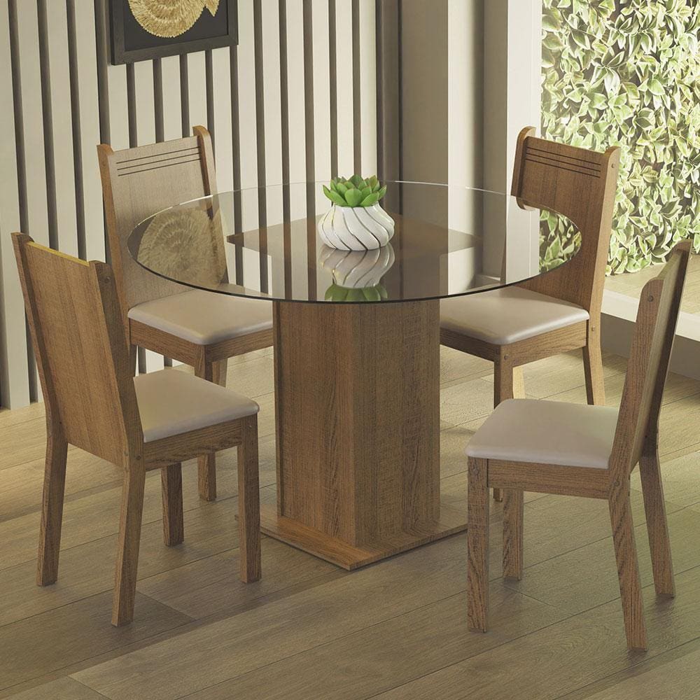 Conjunto Sala de Jantar Madesa Débora Mesa Tampo de Vidro Redondo 4 Cadeiras - Rustic/Bege