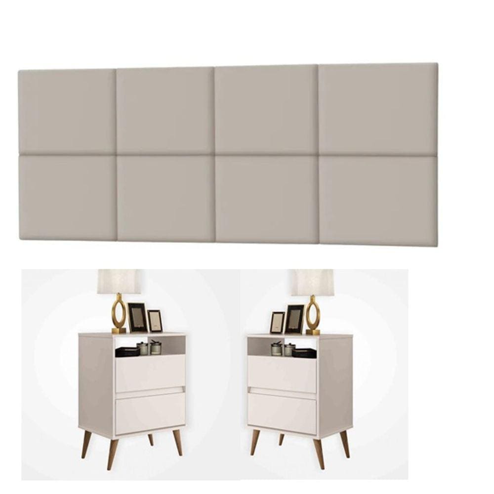 Conjunto Cabeceira Painel Paris 1,40 Lisa com Mesas de Cabeceira Lotus 2 Gav Off White - Rede Móveis