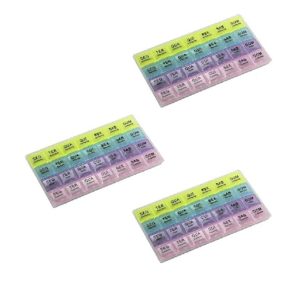 Kit 3 Pçs Caixa Para Medicamento Porta Comprimidos Semanal Diário 28 Compartimentos