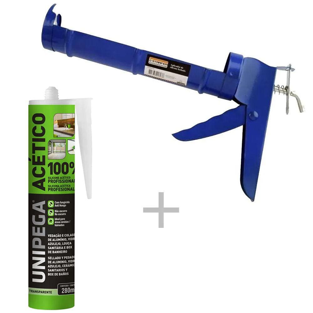 Kit Aplicador de silicone fechado Starfer + Silicone Acético Incolor 280ml Unipega