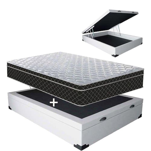 imagem-Cama Box Baú Casal Colchão Classic Mola Bonnel + Box Sintético 55X138X188 - Branco