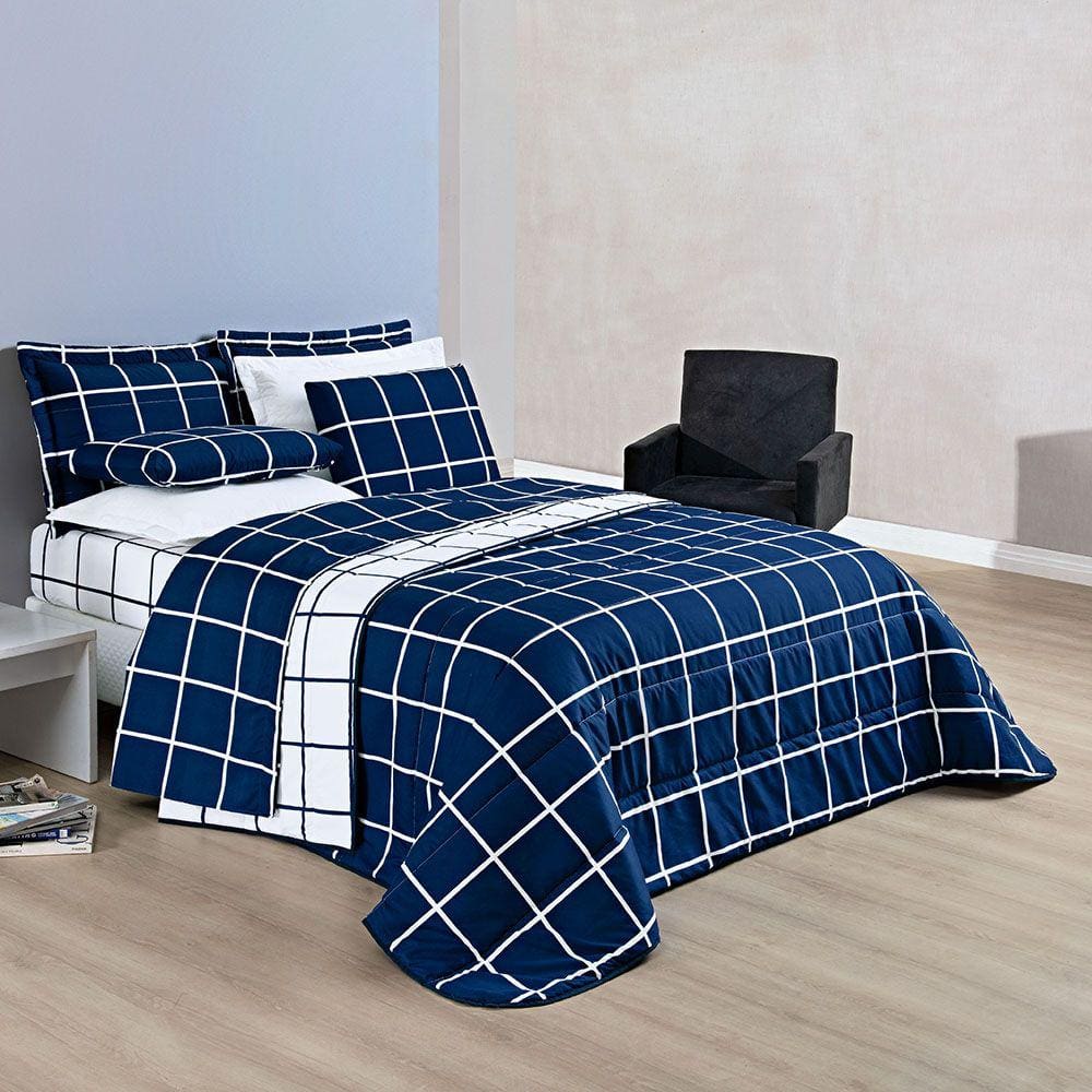 Colcha Cobre Leito Esplendor King 3 Peças Dupla Face - Marinho