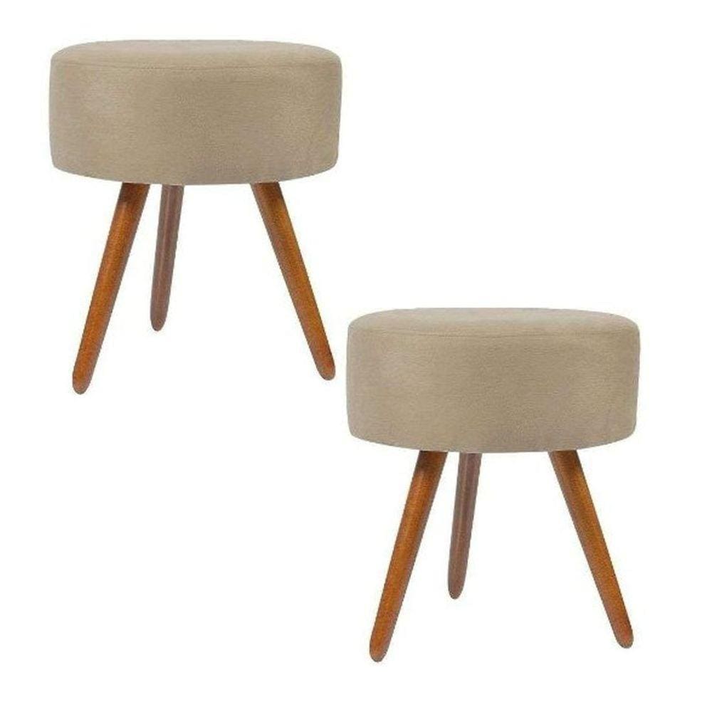 Kit 2 Puff Banqueta Redondo Para Sala Recepção Suede Bege Pés Palito