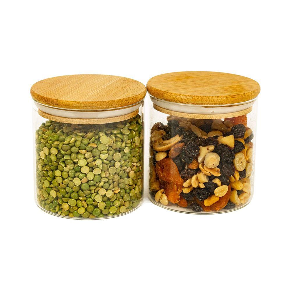 Kit 2 Potes De Vidro Com Tampa De Bambu 500Ml