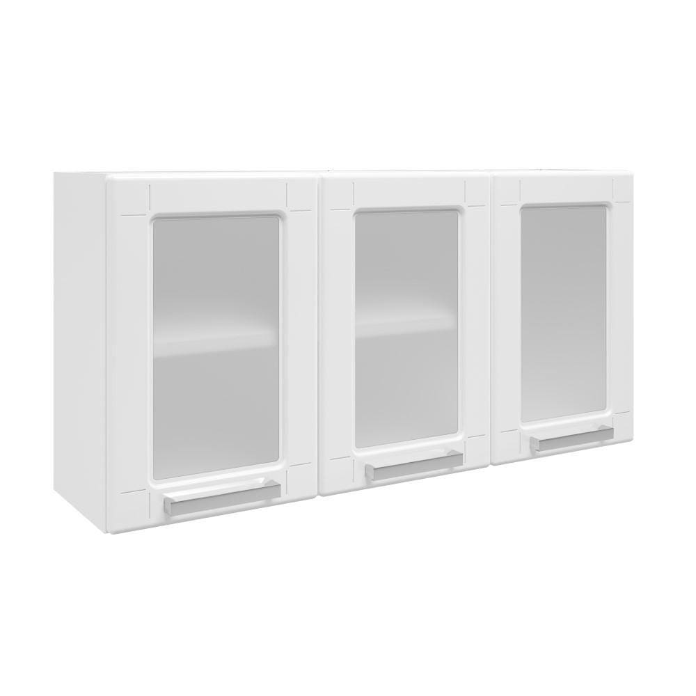 Armário Aéreo Organizador em Aço Para Cozinha Com Vidro 3 Portas 1 Prateleira Múltipla Branco