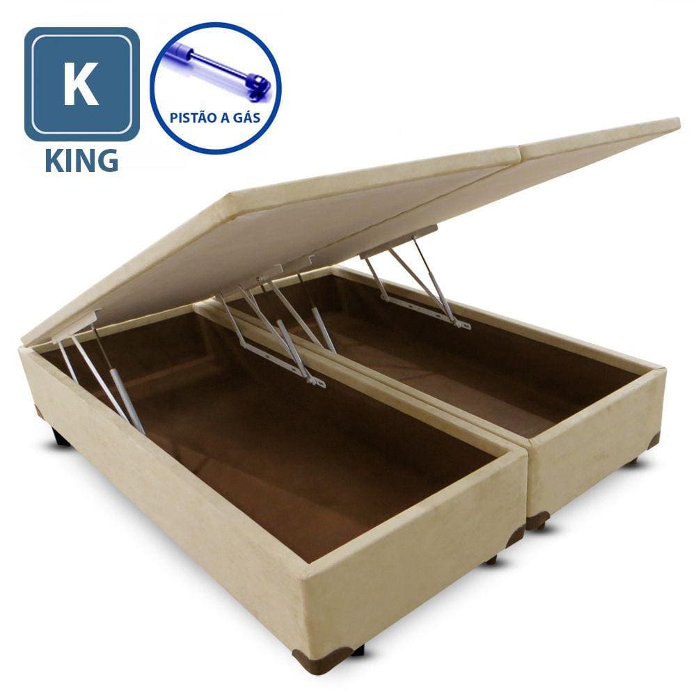 Cama Box King Size Com Baú Pistão A Gás Bege Suede Bipartido - 193x203