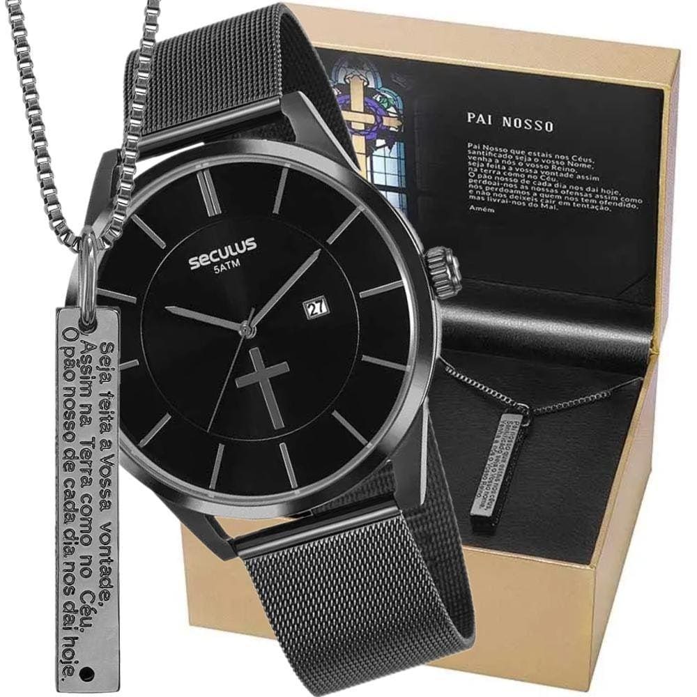 Relógio Seculus Masculino Aço Preto Kit Pai Nosso