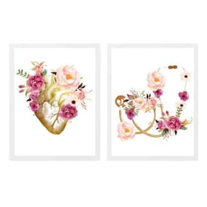 Kit 2 Quadros Coração E Estetoscópio Floral 45X34Cm - Branca