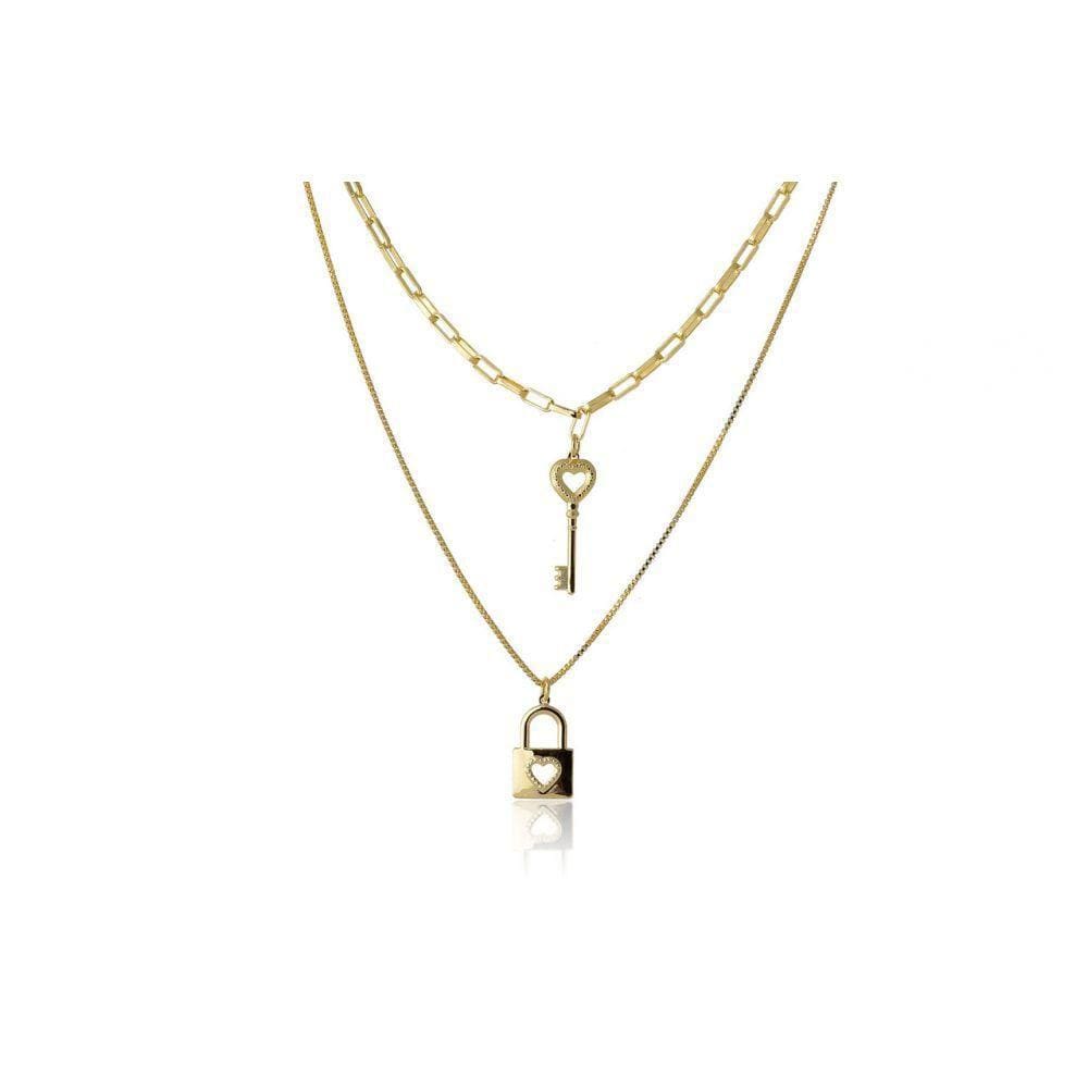 Colar Duplo Com Corrente Cartier E Pingente De Chave Folheado Em Ouro 18k
