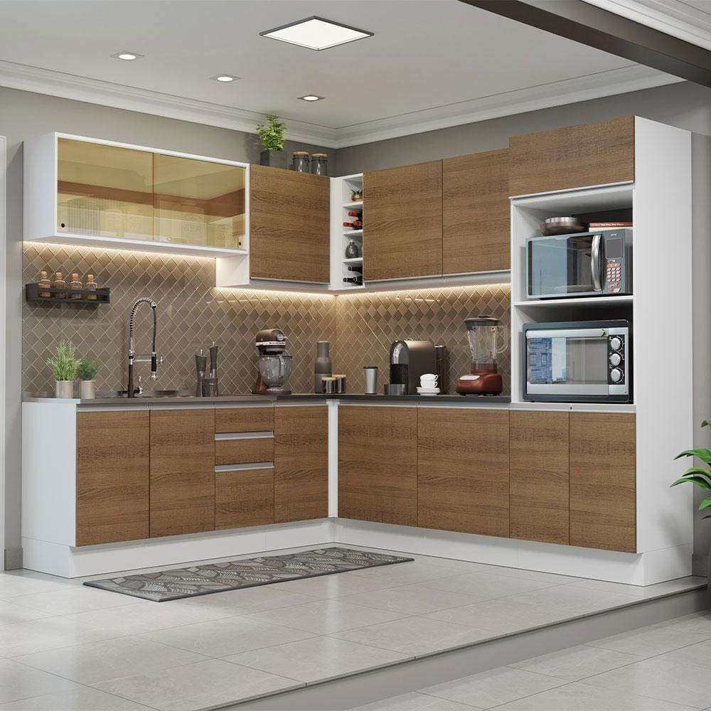 Cozinha Completa de Canto 100% MDF Madesa Acordes 459001 com Armário e Balcão - Branco/Rustic
