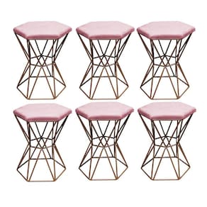 Kit 06 Puff Banqueta Louis Industrial Hexágono Ferro Bronze Suede Rose Gold