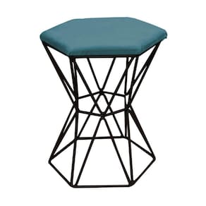 Kit 04 Puff Banqueta Louis Industrial Hexágono Ferro Preto Suede Azul Turquesa