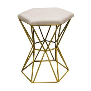 Kit 03 Puff Banqueta Louis Industrial Hexágono Ferro Dourado Suede Bege